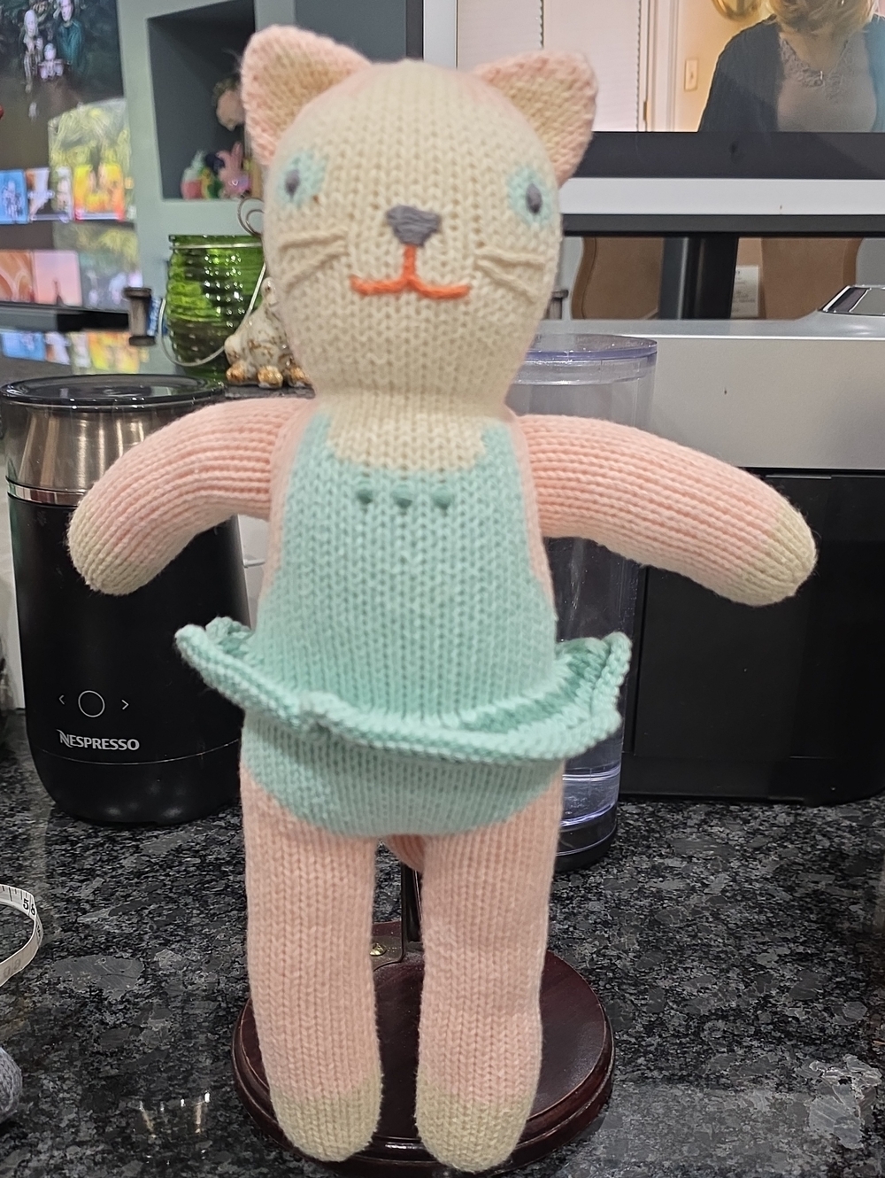 Hand-Knit Pink & Mint Cat Plush - Soft Kids Stuffed Animal